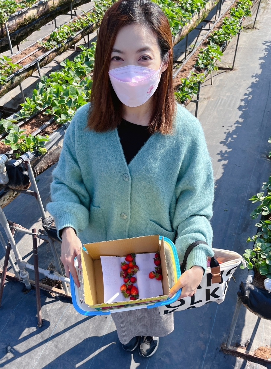 日系女裝品牌推件Global Work戰利品穿搭_穿綠色毛衣外套採草莓