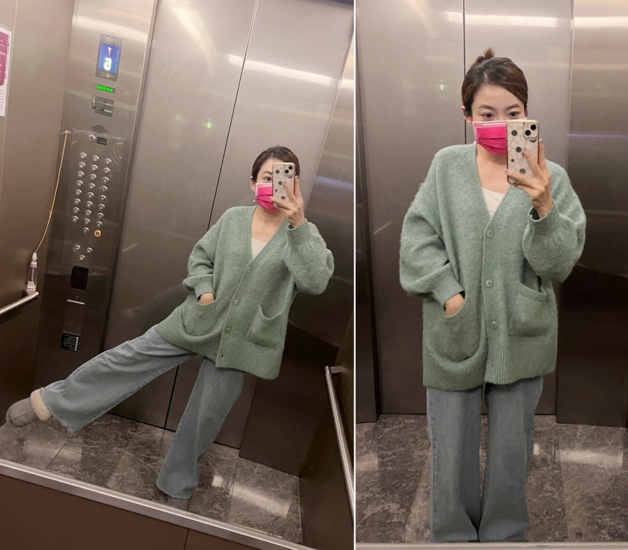 日系女裝品牌推件Global Work戰利品穿搭，穿綠色毛衣外套電梯自拍穿搭