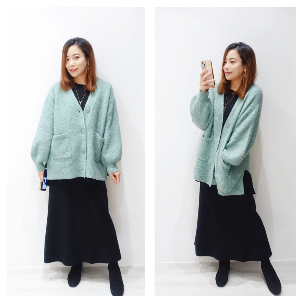 日系女裝品牌推件Global Work戰利品穿搭_黑色Melty Knit針織衫+綠色毛衣外套穿搭