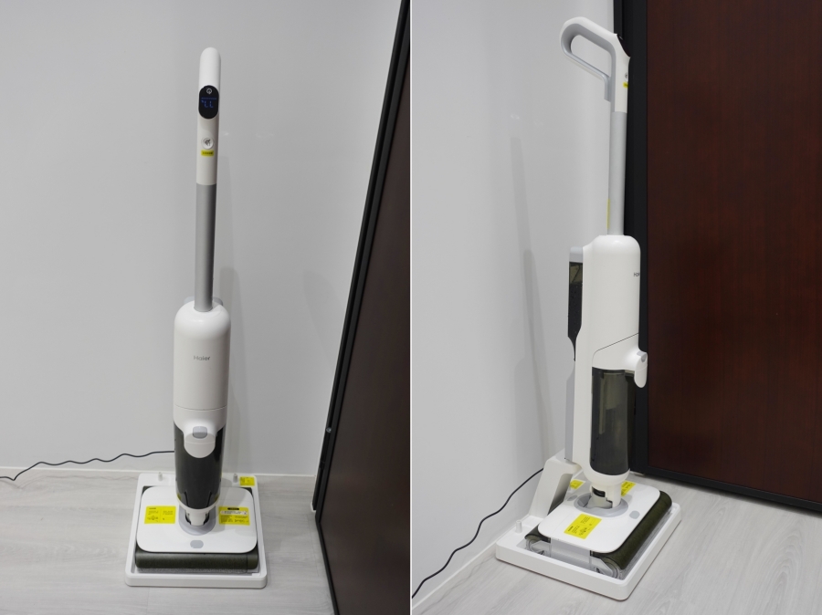Haier海爾雙動力智慧洗地機X9，放上充電座充電，直立美型白色家電