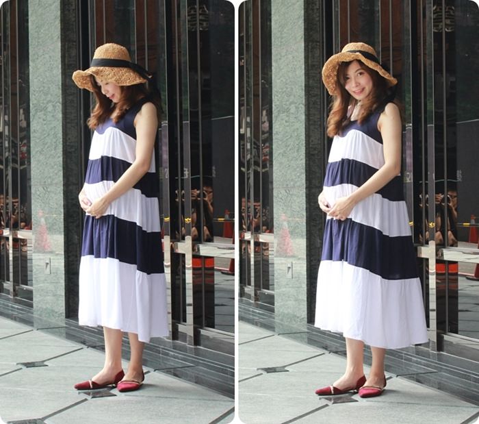 【孕婦的一日穿搭日記】度假穿搭！藍白休閒風長洋裝+草帽