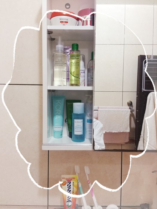 斷捨離與浴室的無印良品風收納-大創好用牙刷架-富士山與櫻花清潔海綿-無印良品溫和卸妝油-去角質洗面乳-鏡櫃是浴室收納必備 (6)